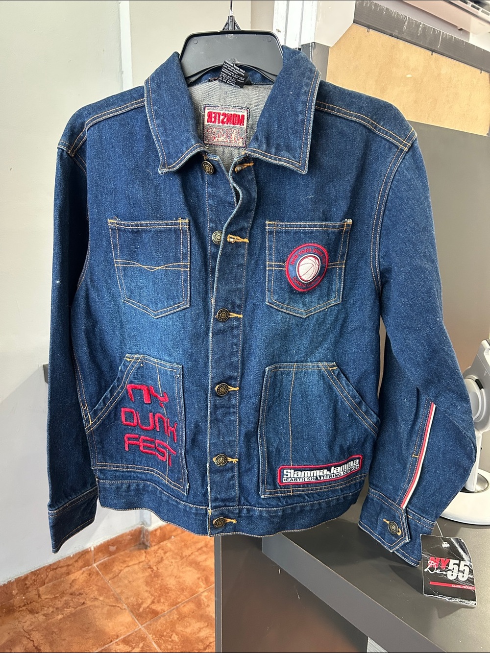 Unbranded Denim Jacket in Dark Blue with Embroidered Patches